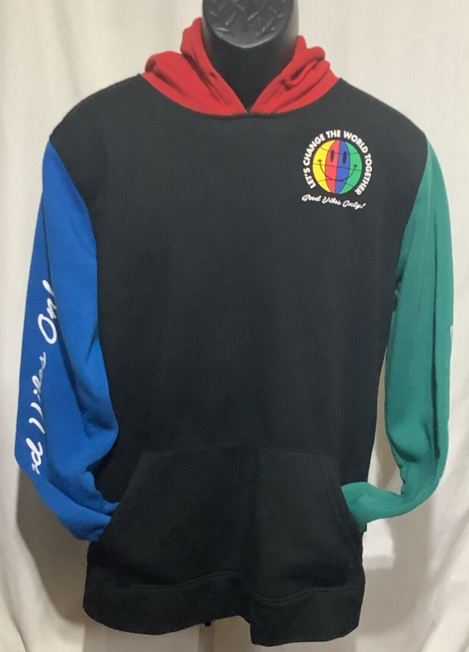 Brooklyn Cloth Colorblock Hoodie Sweatshirt  Large Good Vibes Only Globe Black